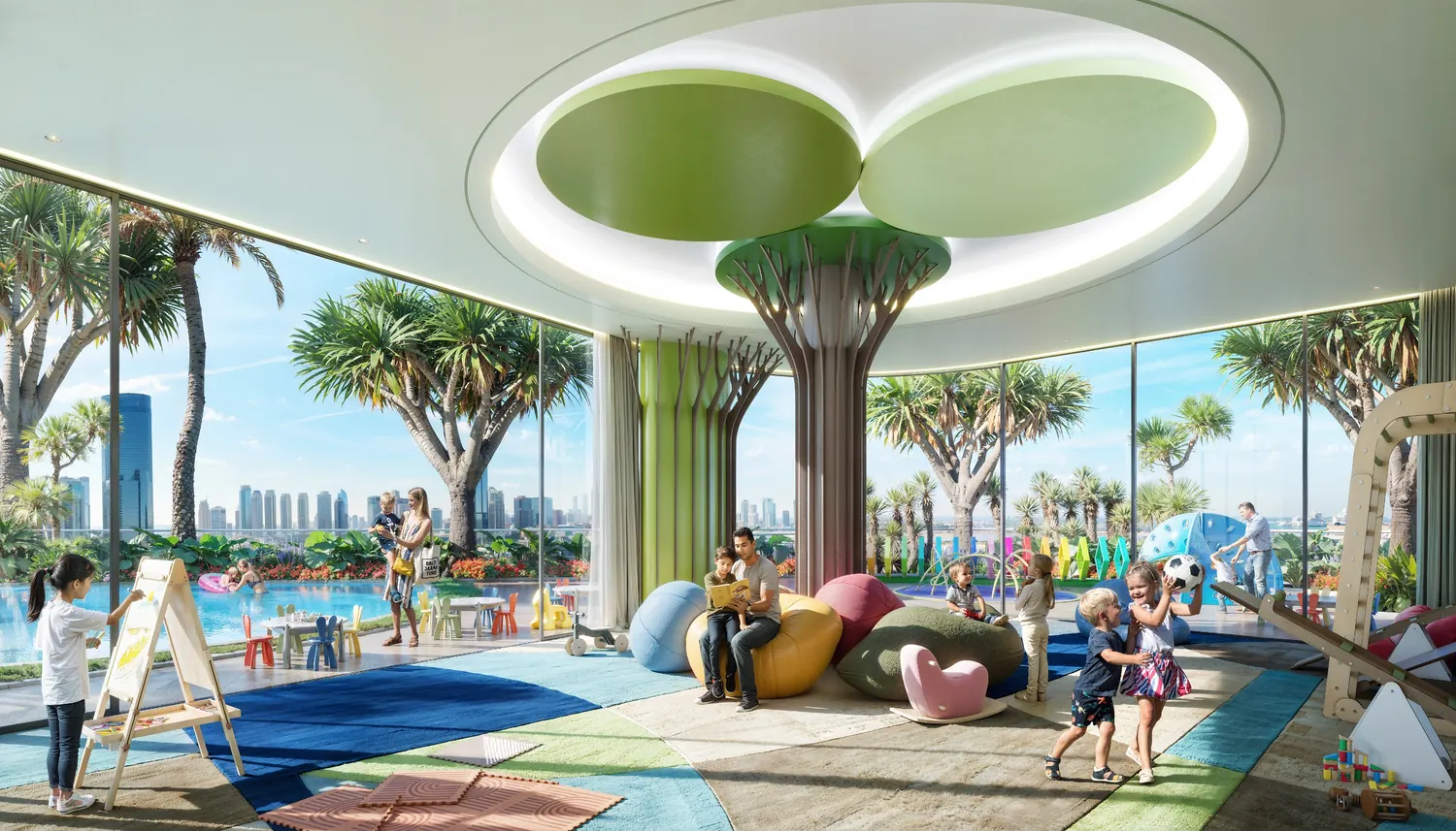 Children's play area under a tree canopy, developer render
