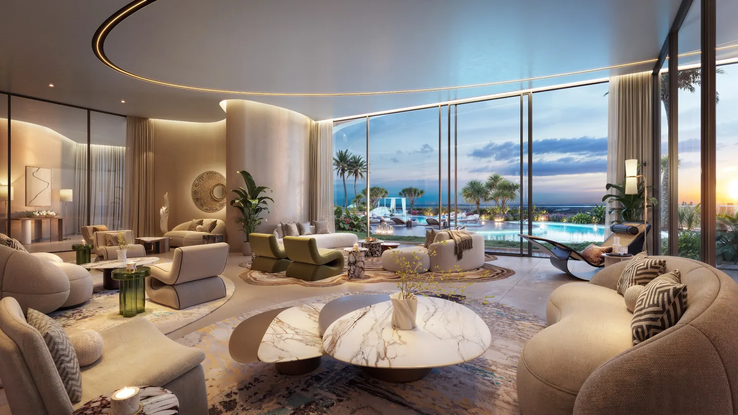 Residents' lounge opening onto the pool deck, developer render