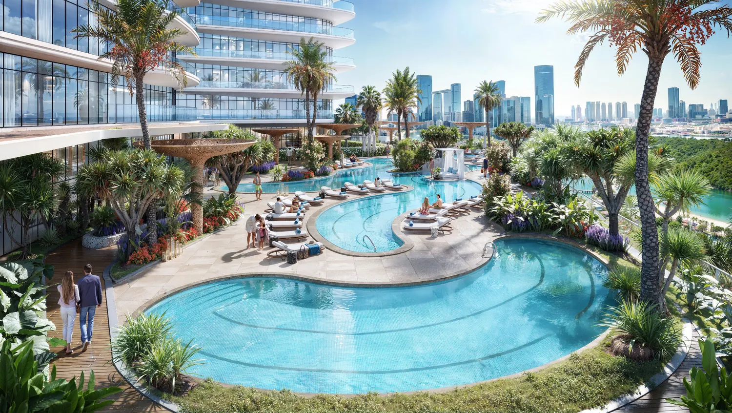 Lagoon pools and palm gardens on the podium, developer render