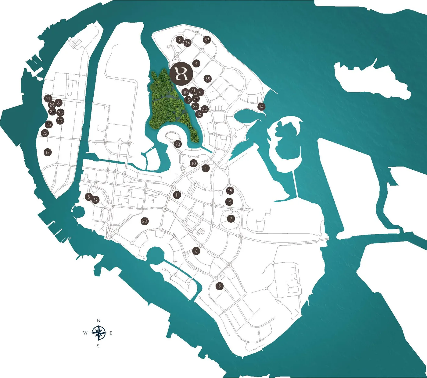Developer map of Al Reem Island with Rivage beside the mangroves on the north shore and numbered points of interest
