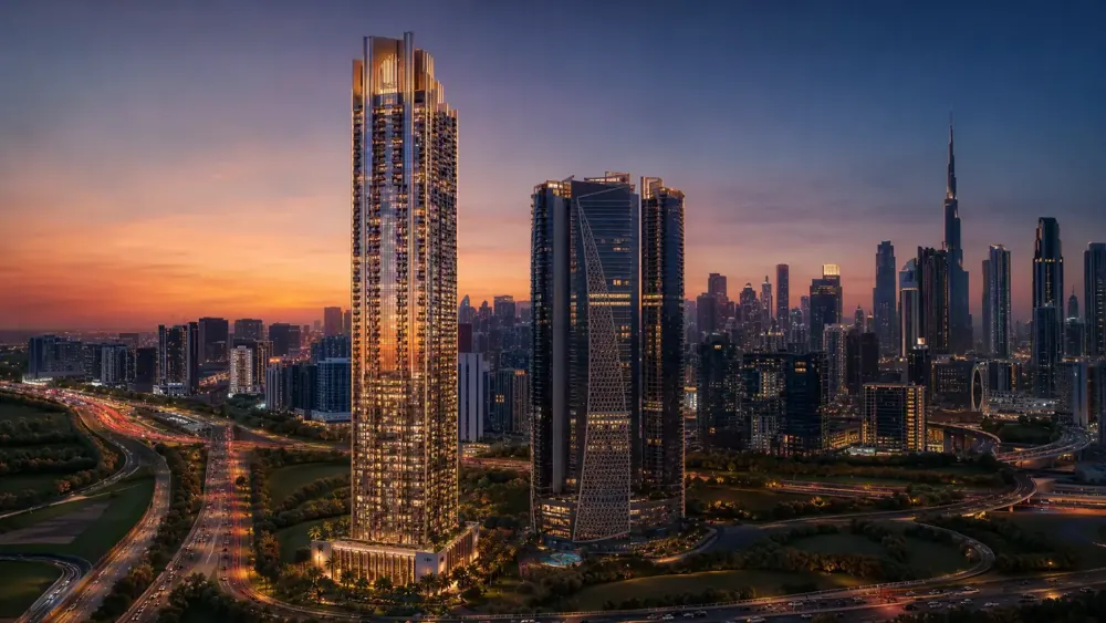 Regalia by Deyaar in Business Bay at dusk, developer render
