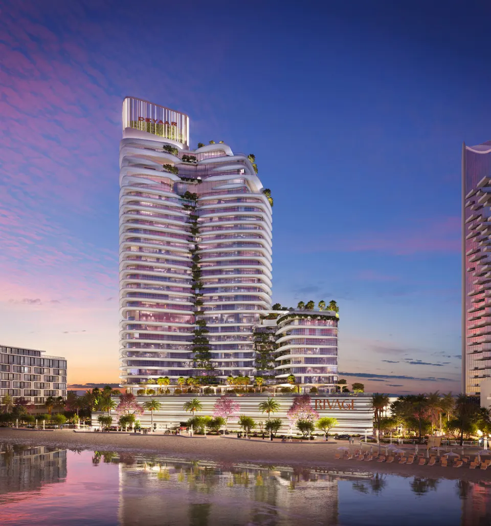 Rivage at dusk seen from the water, developer render